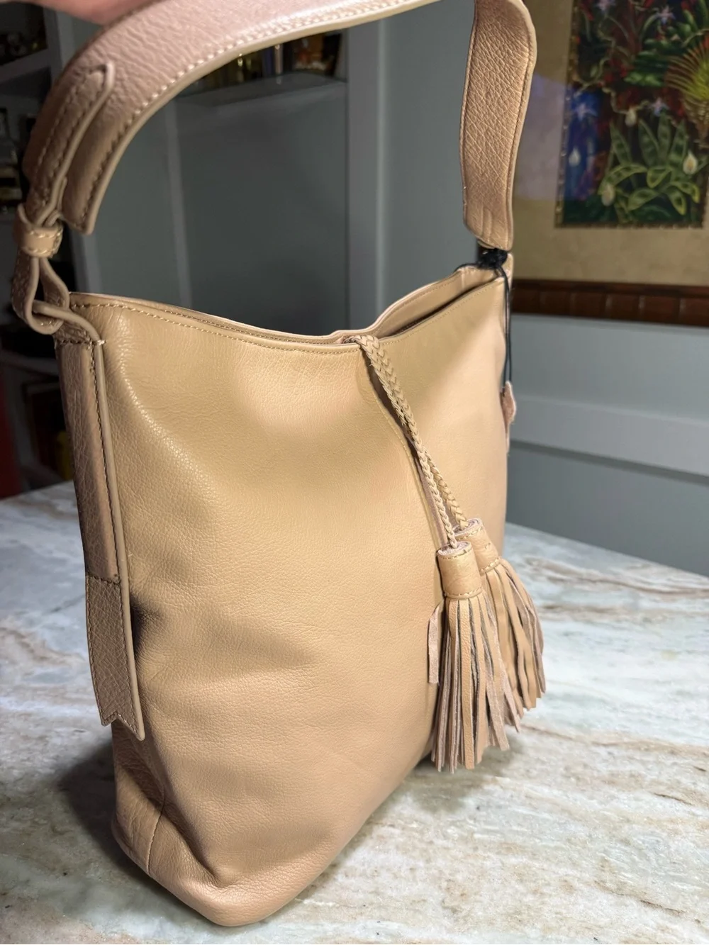 NWT MARGOT Beige Leather Hobo with Braided Tassels
